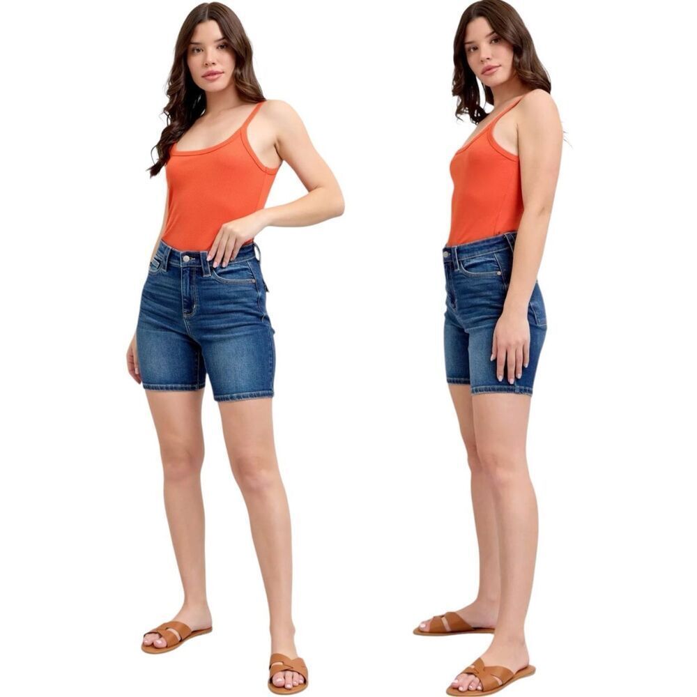 Judy Blue Bermuda Shorts High Rise Flap Pocket Stretch Denim Dark Wash NWT - Picture 4 of 13